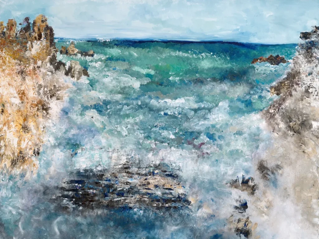 Cape Agulhas painting by Ella Spira, displayed in the gallery at House of Sisters Grimm — a luxury cultural space showcasing South African fine art.