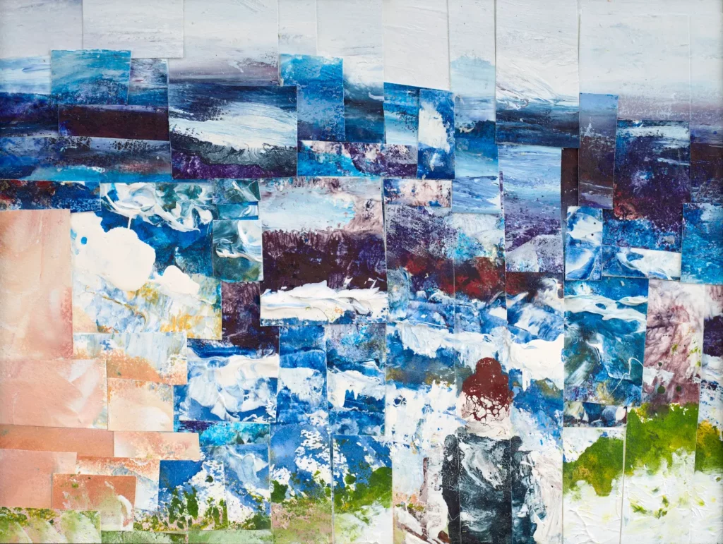 Pietra looking at the sea Munster Beach KwaZulu Natal, South Africa | Collage 20cm x 30 cm Watercolor acrylic Liquitex and enamel on paper